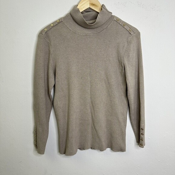 Calvin Klein turtleneck sweater with gold buttons beige tan khaki ribbed Size L - Picture 2 of 9